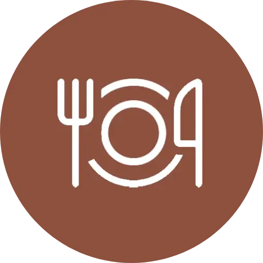 A brown circle with an image of a fork and knife.